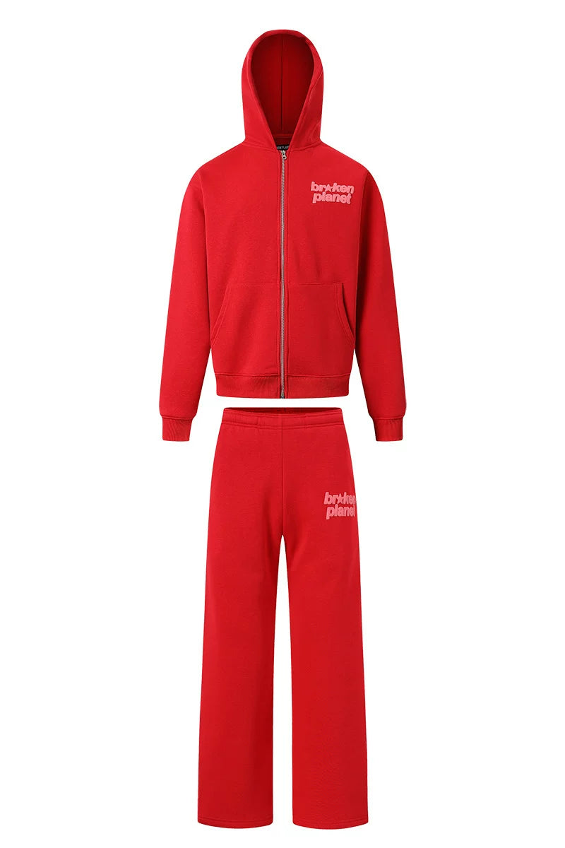 BROKEN PLANET FULL ZIP HOODIE SWEATSET RED