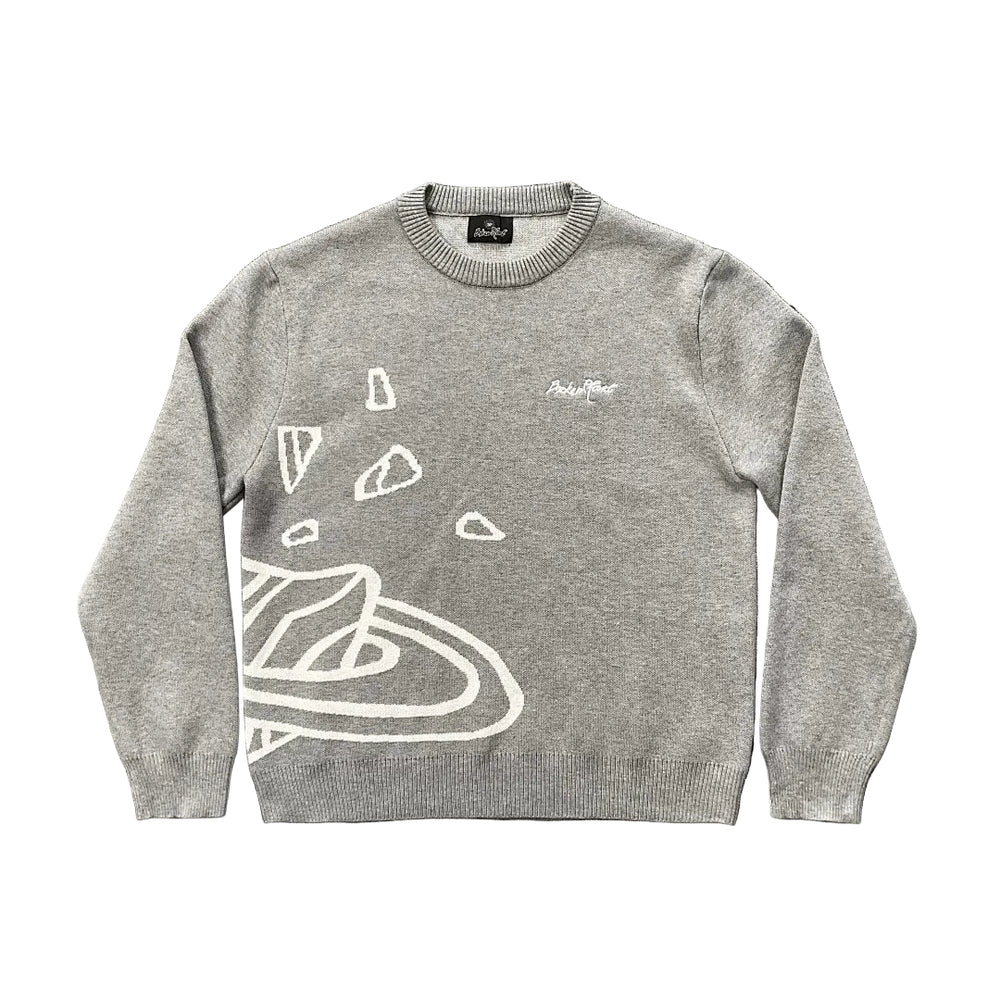 BROKEN PLANET GREY WHITE OUTLINE CRACKED PLANET CREWNECK KNIT SWEATER
