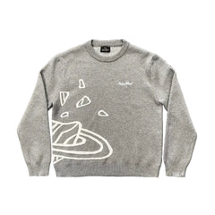 BROKEN PLANET GREY WHITE OUTLINE CRACKED PLANET CREWNECK KNIT SWEATER