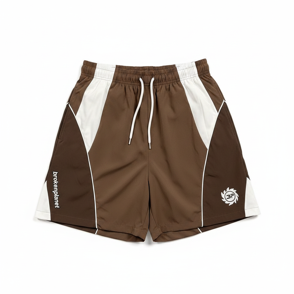 Broken Planet Brown White Color Block Nylon Wind Shorts - White Background