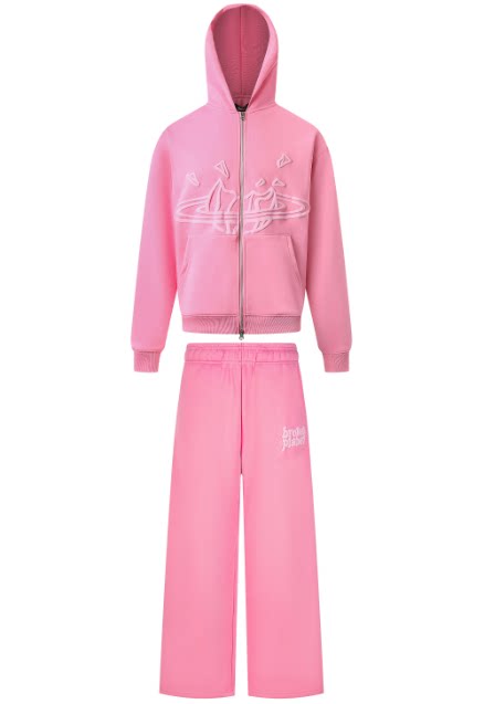 BROKEN PLANET PINK EMBOSSED LOGO ZIP‑UP HOODIE & WIDE LEG SWEATPANTS SET