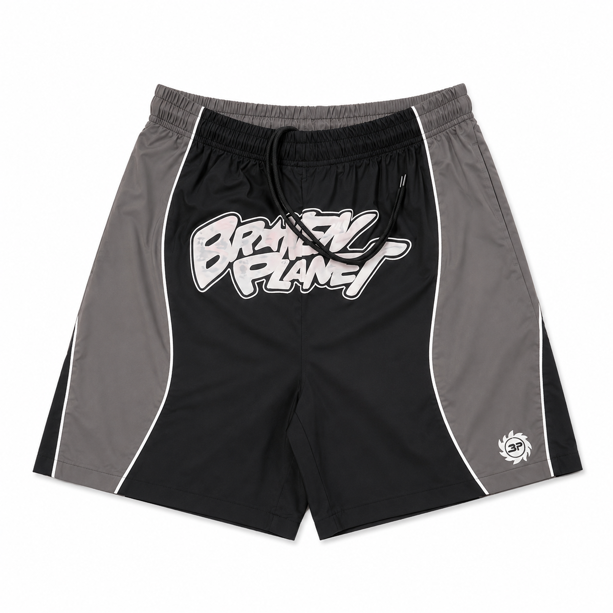 BROKEN PLANET GRAFFITI COLOR‑BLOCK NYLON SHORTS BLACK GREY