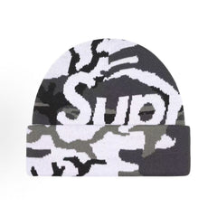 Supreme Big Logo Beanie Fw25 Grey Camo Cuffed Knit Hat