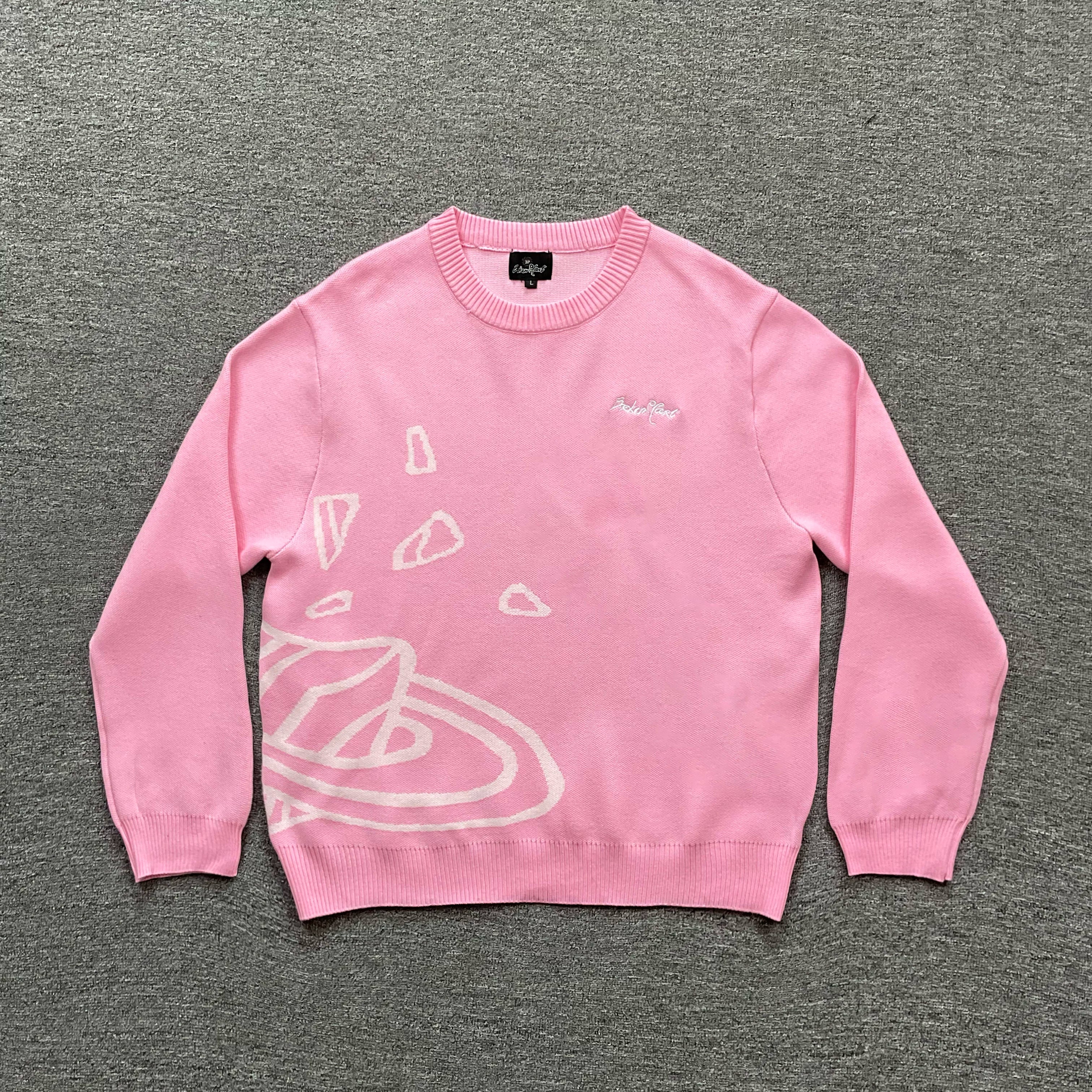 BROKEN PLANET PINK WHITE OUTLINE CRACKED PLANET CREWNECK KNIT SWEATER