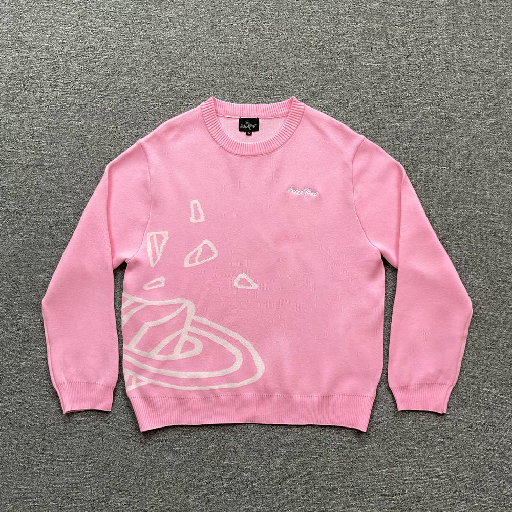 BROKEN PLANET PINK WHITE OUTLINE CRACKED PLANET CREWNECK KNIT SWEATER