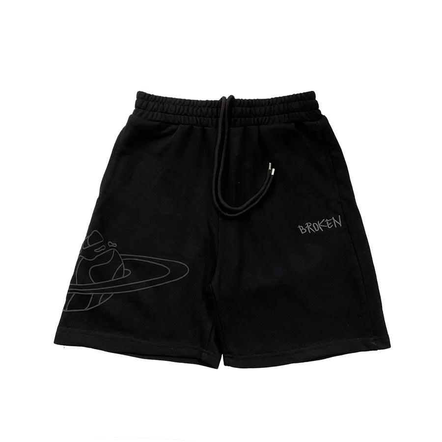 BROKEN PLANET OUTLINE PLANET SWEAT SHORTS BLACK GREY PRINT