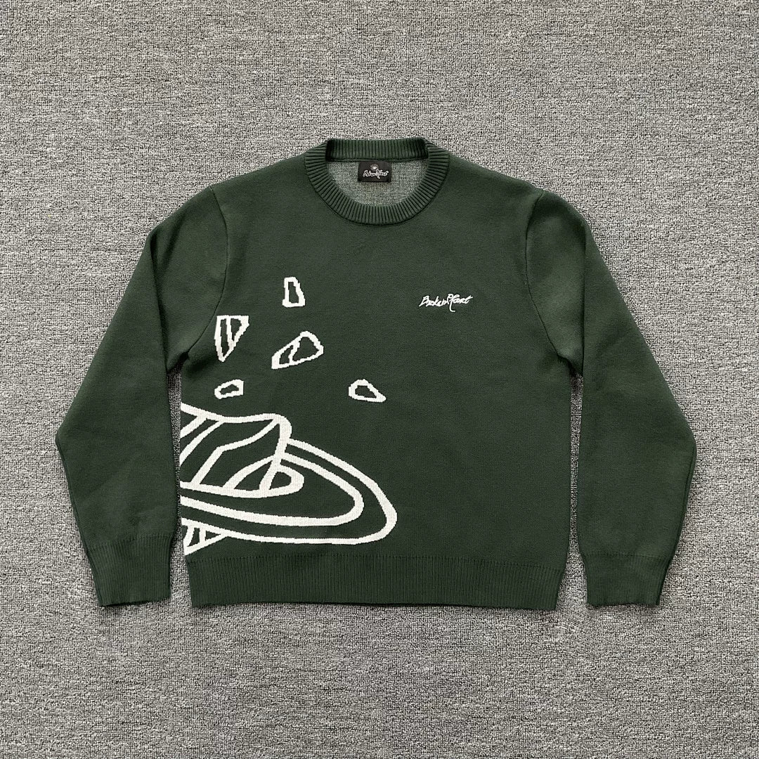 BROKEN PLANET GREEN WHITE OUTLINE CRACKED PLANET CREWNECK KNIT SWEATER