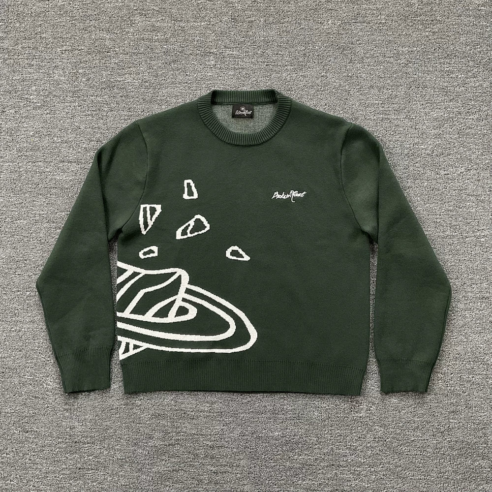 BROKEN PLANET GREEN WHITE OUTLINE CRACKED PLANET CREWNECK KNIT SWEATER
