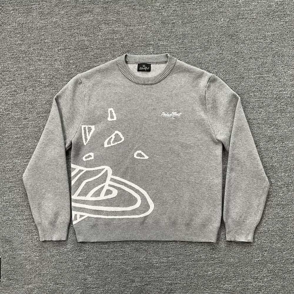 BROKEN PLANET GREY WHITE OUTLINE CRACKED PLANET CREWNECK KNIT SWEATER