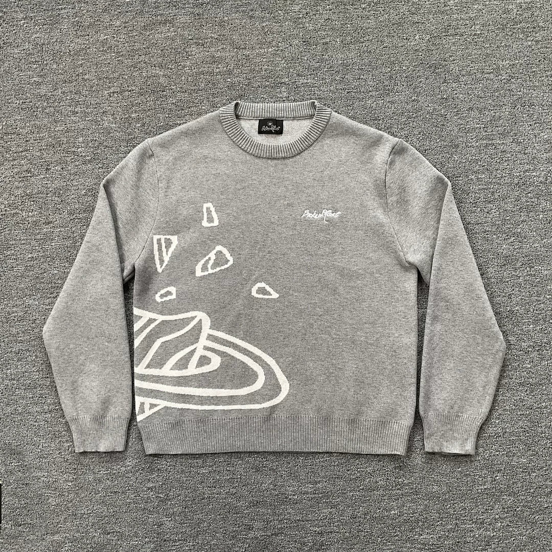 BROKEN PLANET GREY WHITE OUTLINE CRACKED PLANET CREWNECK KNIT SWEATER