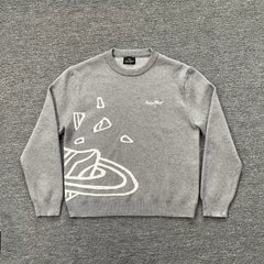 BROKEN PLANET GREY WHITE OUTLINE CRACKED PLANET CREWNECK KNIT SWEATER