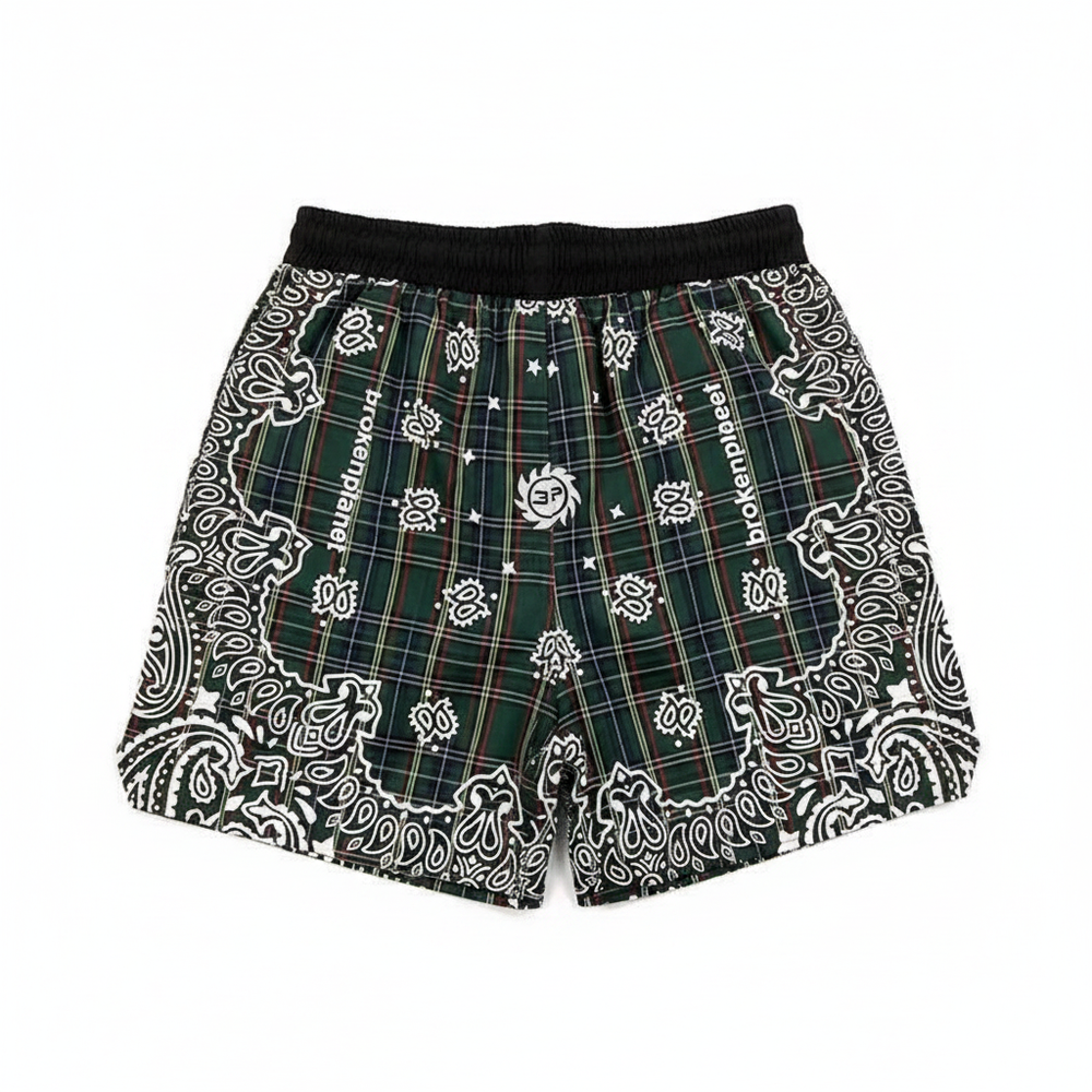 BROKEN PLANET PLAID BANDANA PRINT WIND SHORTS GREEN - Back