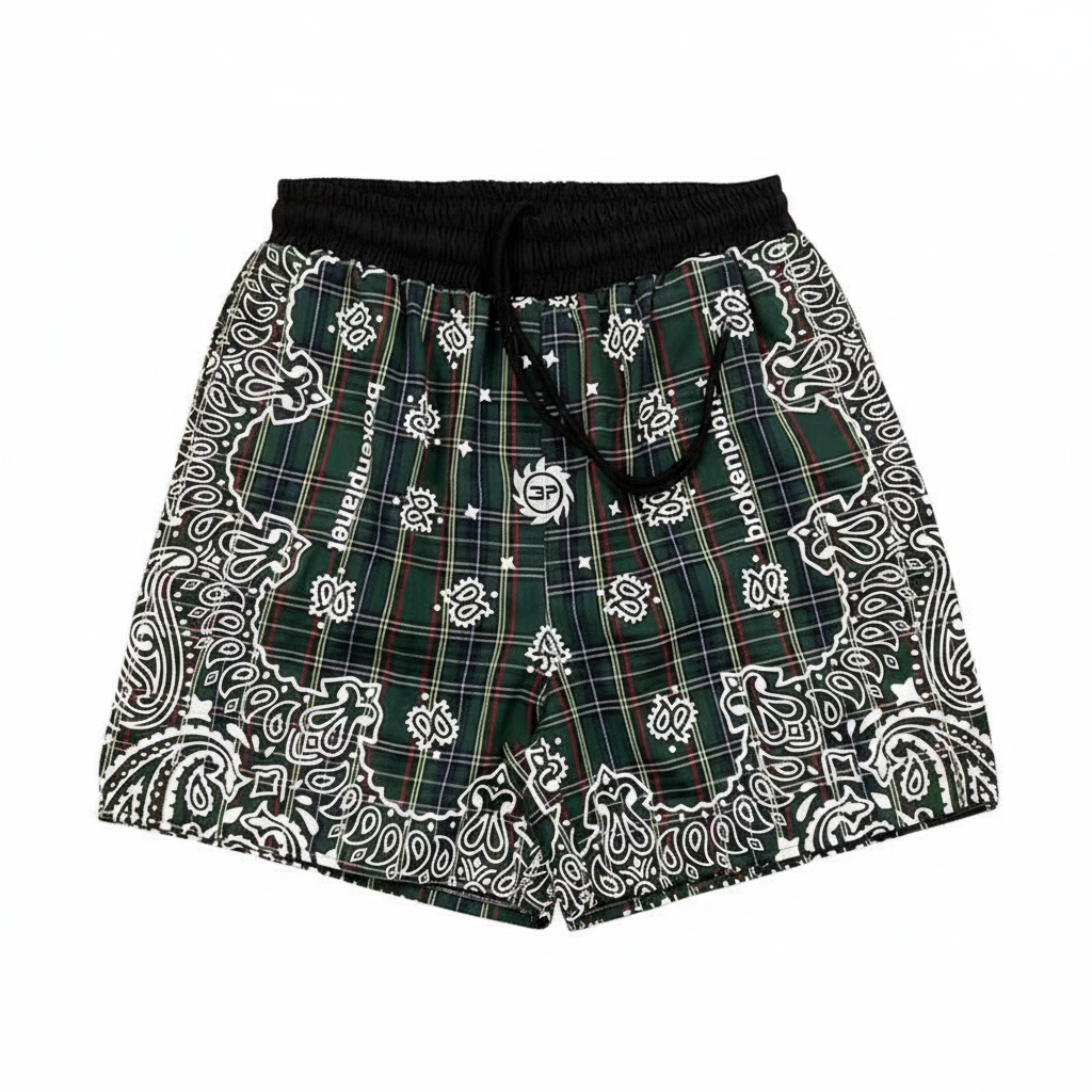 BROKEN PLANET PLAID BANDANA PRINT WIND SHORTS GREEN - Front