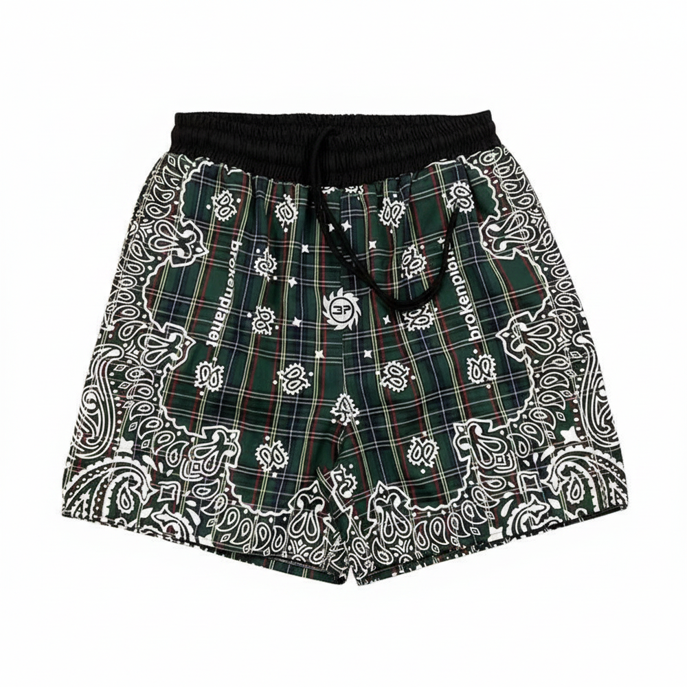 BROKEN PLANET PLAID BANDANA PRINT WIND SHORTS GREEN - Front