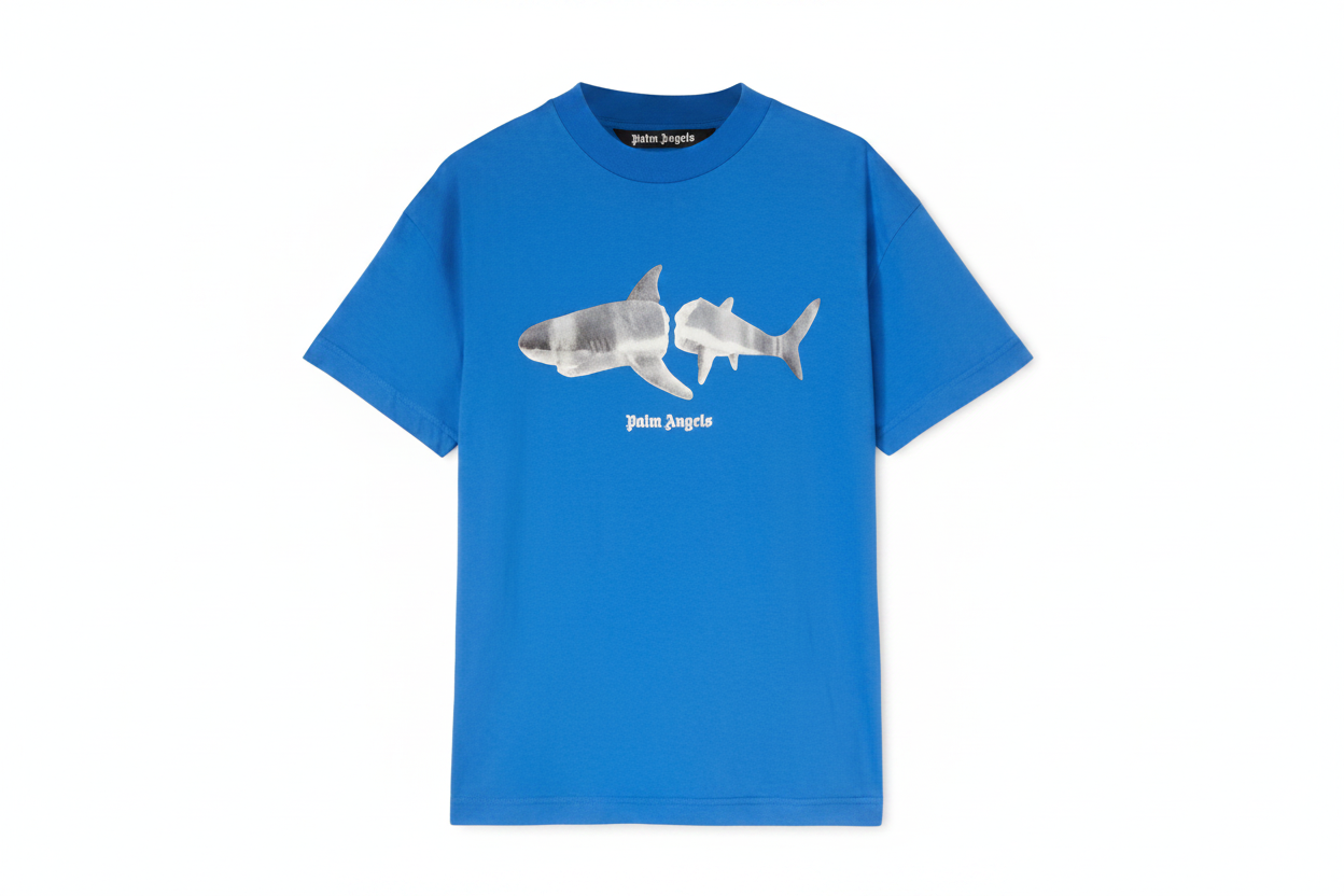 Blue Palm Angels shark graphic t-shirt on white background