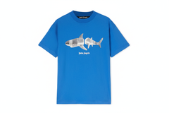Blue Palm Angels shark graphic t-shirt on white background