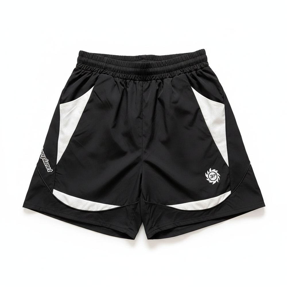 BROKEN PLANET CURVED CONTRAST PANEL WIND SHORTS BLACK WHITE - Front