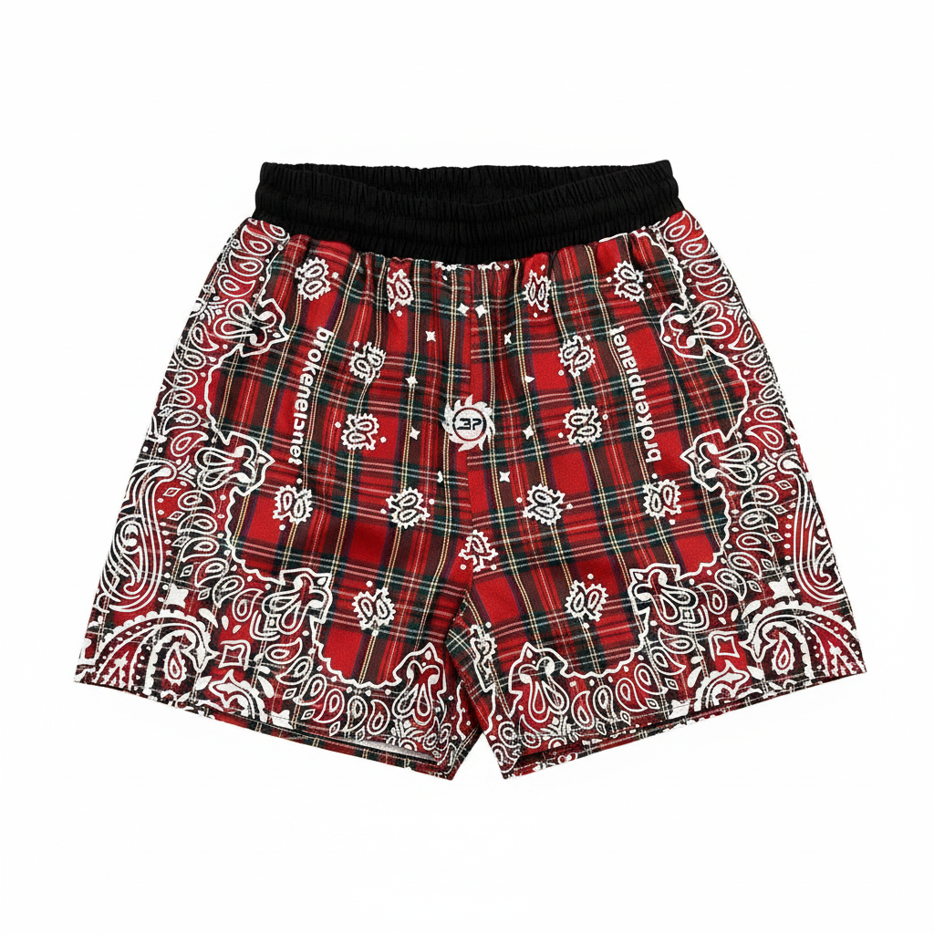 BROKEN PLANET PLAID BANDANA PRINT WIND SHORTS RED