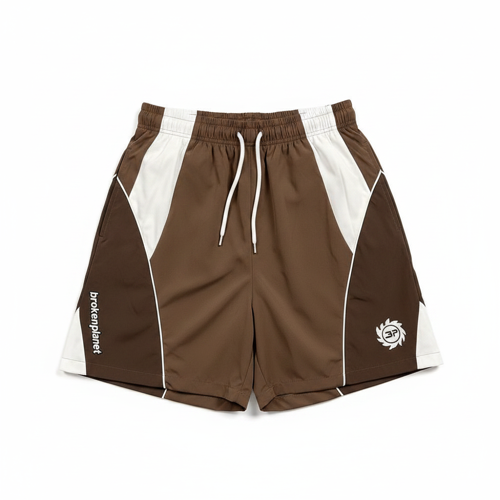 Broken Planet Brown White Color Block Nylon Wind Shorts - White Background