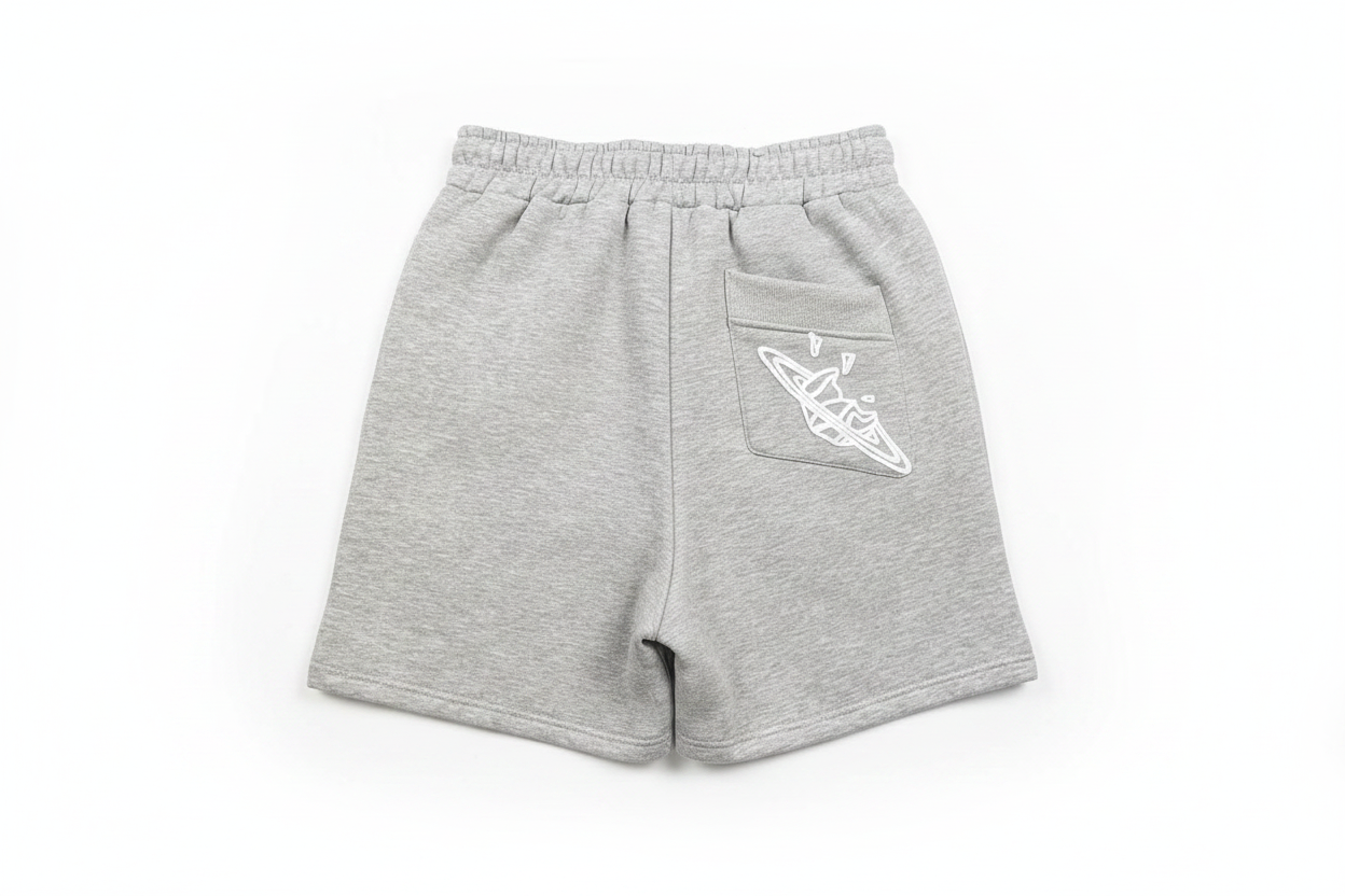 BROKEN PLANET CRACKED PLANET GRAPHIC SWEAT SHORTS HEATHER GREY