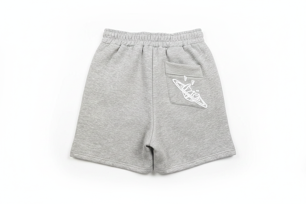BROKEN PLANET CRACKED PLANET GRAPHIC SWEAT SHORTS HEATHER GREY