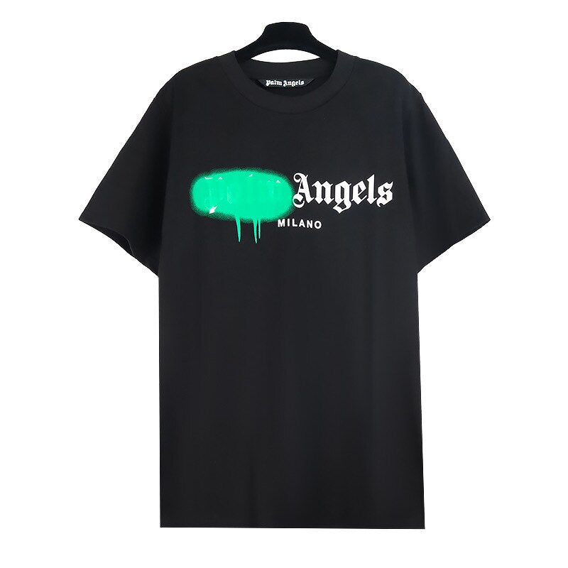 PALM ANGELS GREEN SPRAY DRIP MILANO LOGO T‑SHIRT BLACK