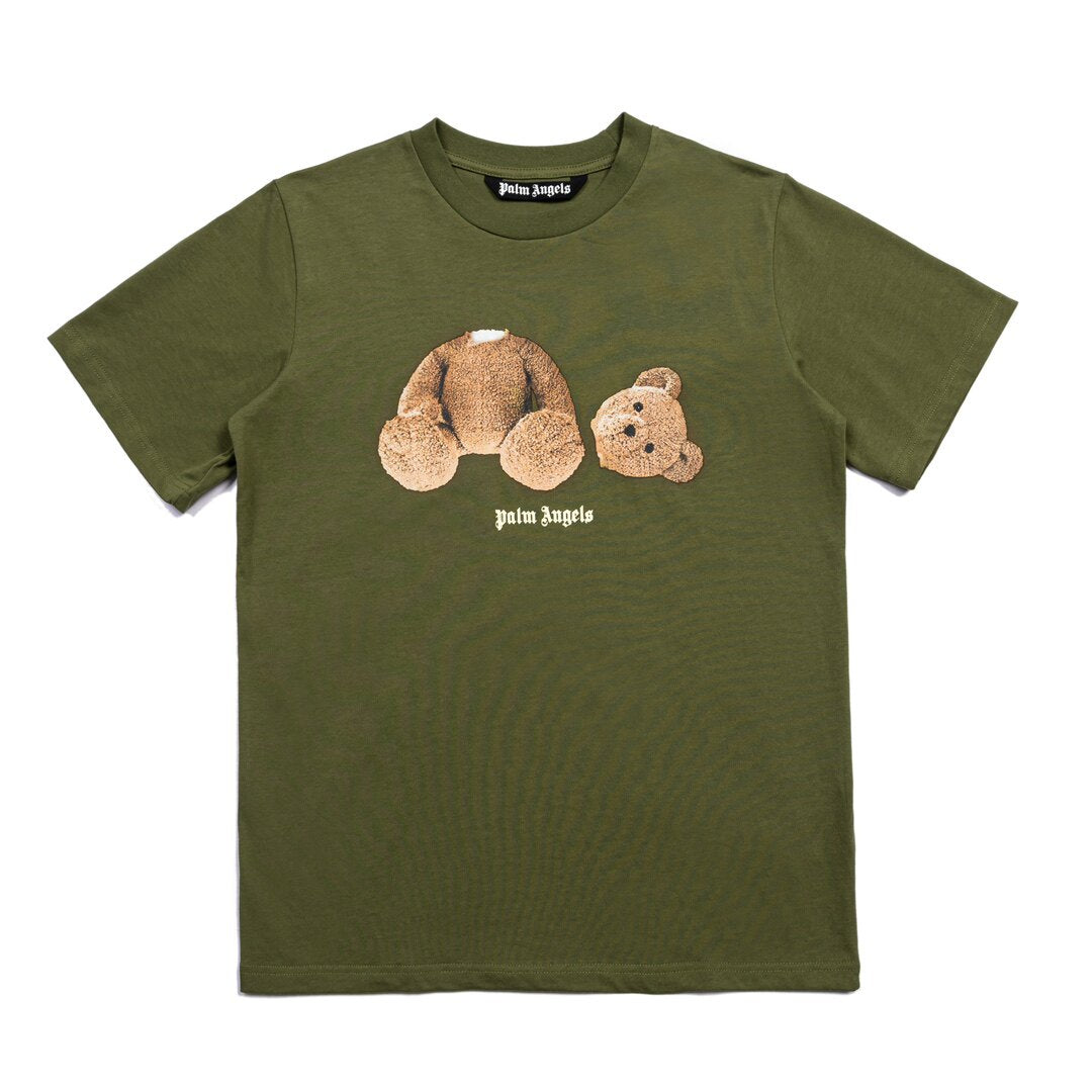 PALM ANGELS DETACHED HEAD BEAR GRAPHIC OLIVE OVERSIZED TEE